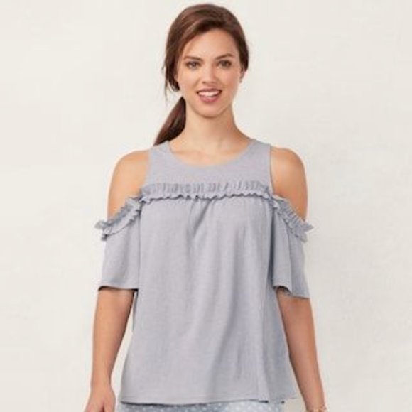 LC Lauren Conrad Gray Cold Shoulder Ruffled Blouse - Picture 2 of 8
